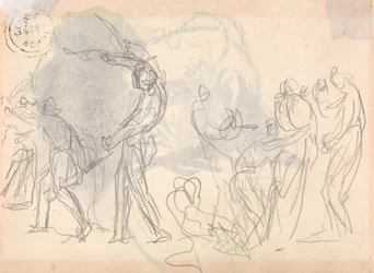 Männer gehen zum Kampf, mit einer Menge verängstigter Frauen im Hintergrund